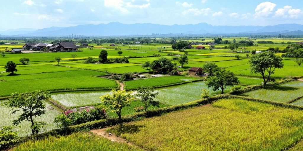 Pemandangan desa Bantar dengan ladang hijau dan pegunungan.