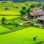 Pemandangan desa yang indah dengan sawah hijau dan petani.