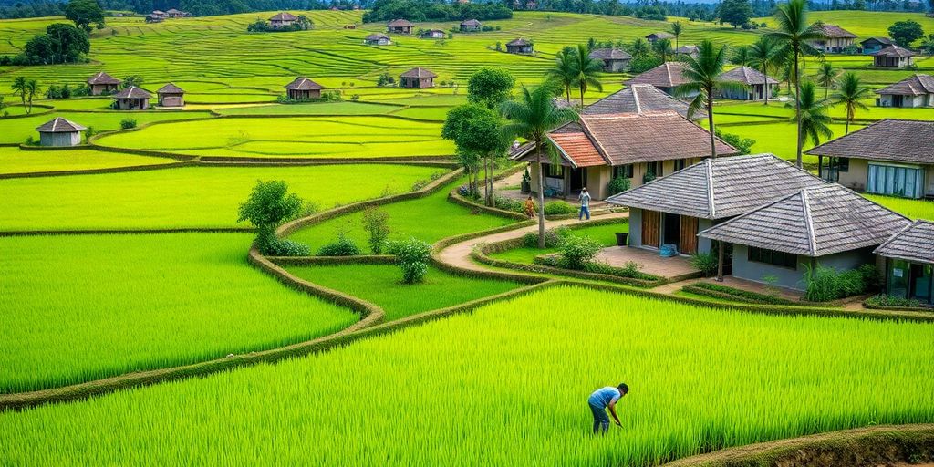 Pemandangan desa yang indah dengan sawah hijau dan petani.