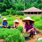 Pemandangan desa dengan petani dan pengrajin lokal.