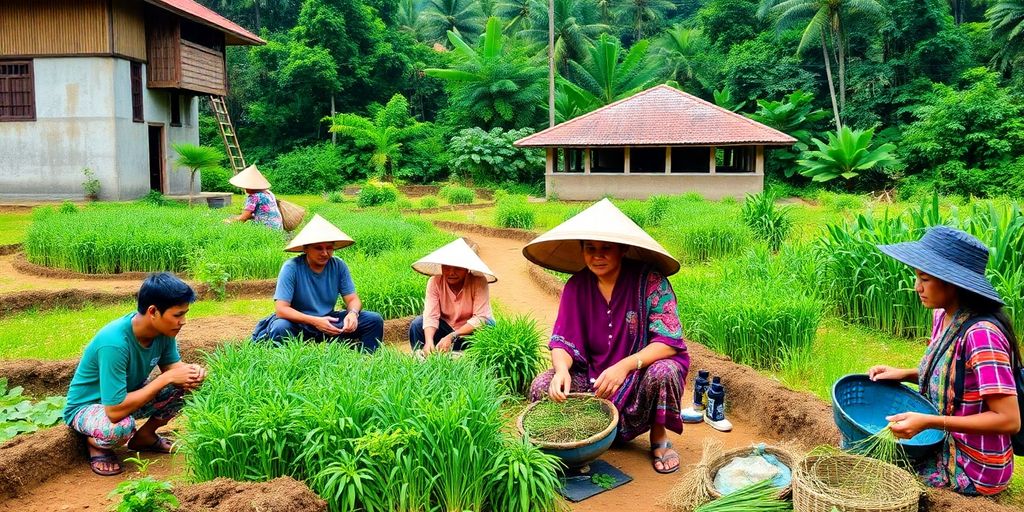 Pemandangan desa dengan petani dan pengrajin lokal.