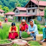 Gambaran desa dengan aktivitas pertanian dan kerajinan tangan.