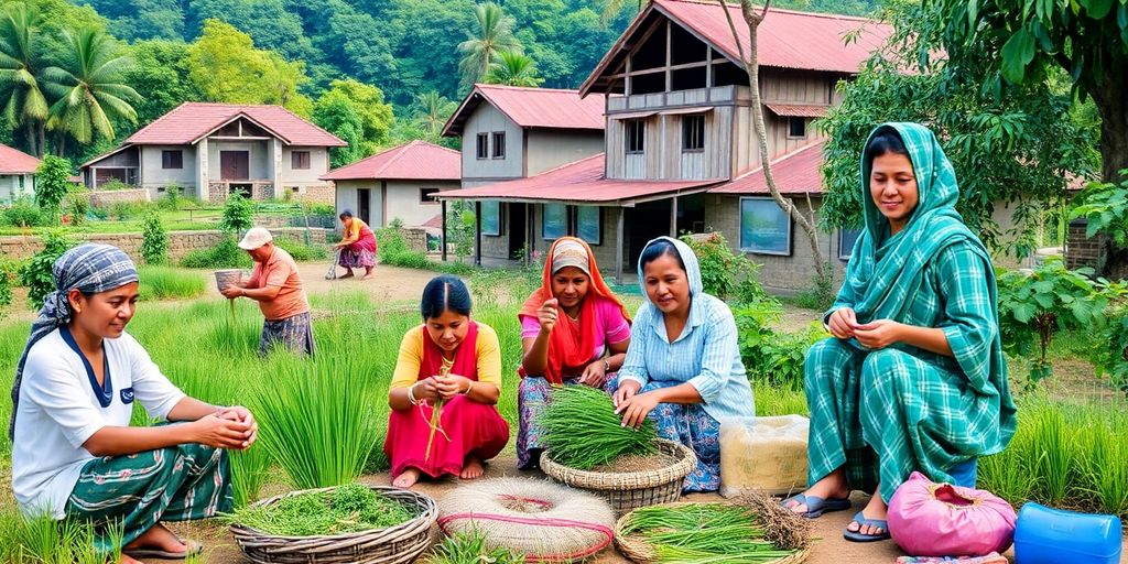 Gambaran desa dengan aktivitas pertanian dan kerajinan tangan.